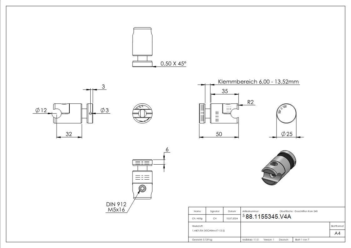 Klemmhalter Edelstahl V4A Ø 25 mm fuer Rohr Ø 12 mm- Glas 6-12-76 mm- nachtraegliche Montage-88-1155345.V4A