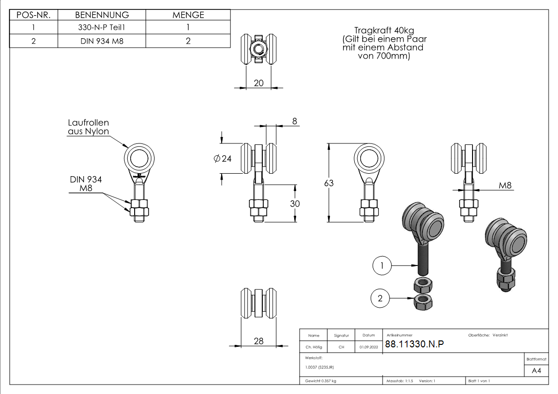 Laufrolle mit Nylonrollen-88-11330-N.P
