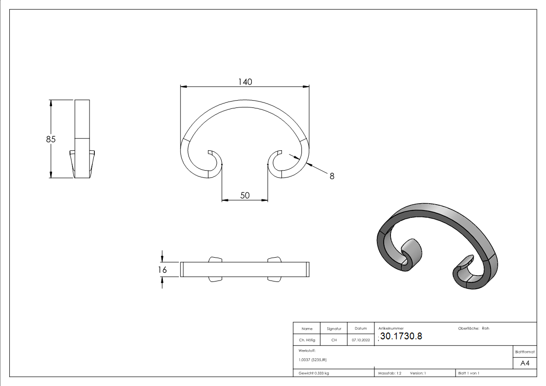 16er Serie - Masse- 140x90 mm - Material- 16x8 mm- glatt - Stahl S235JR- roh-30-1730.8