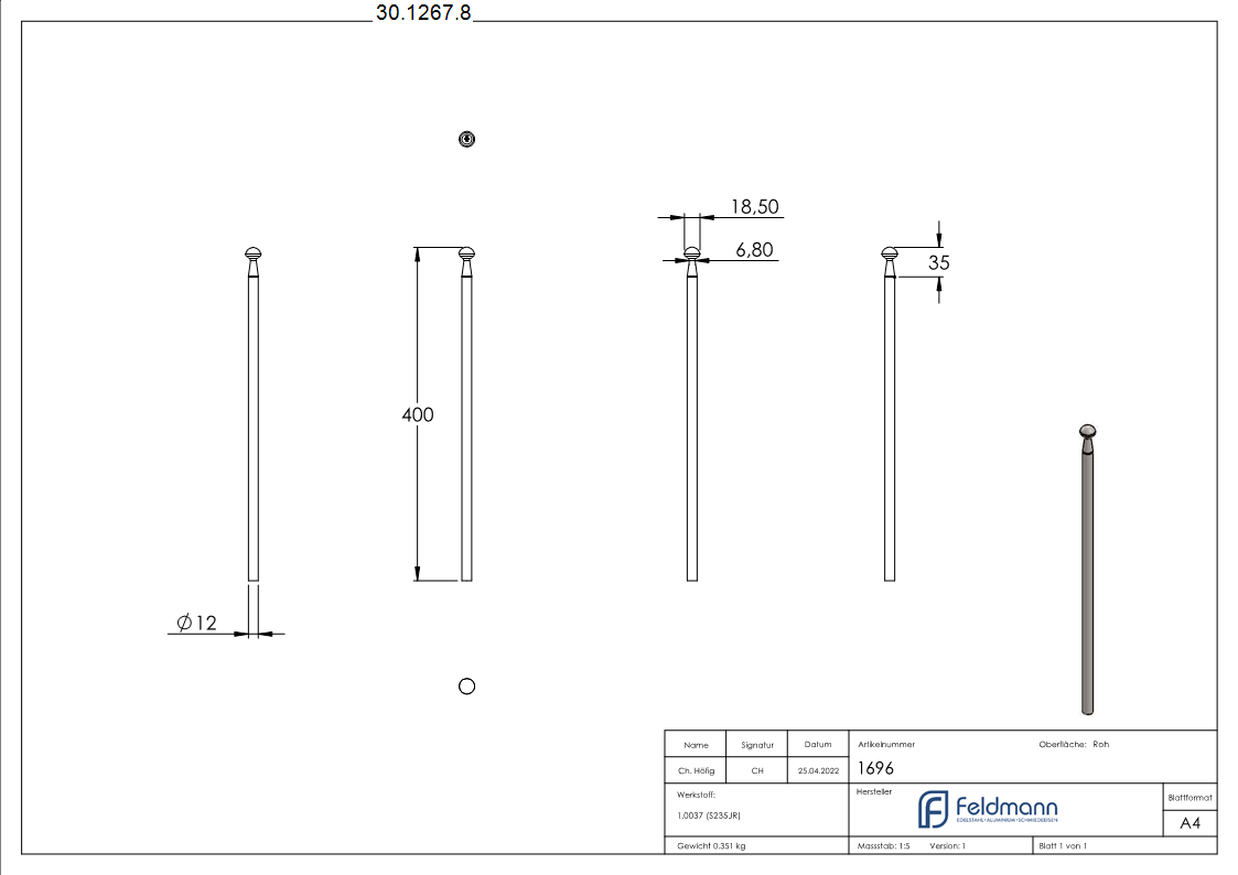 Zaunstab - Laenge- 400 mm - Material Ø 12 mm - Stahl S235JR- roh-30-1267.8