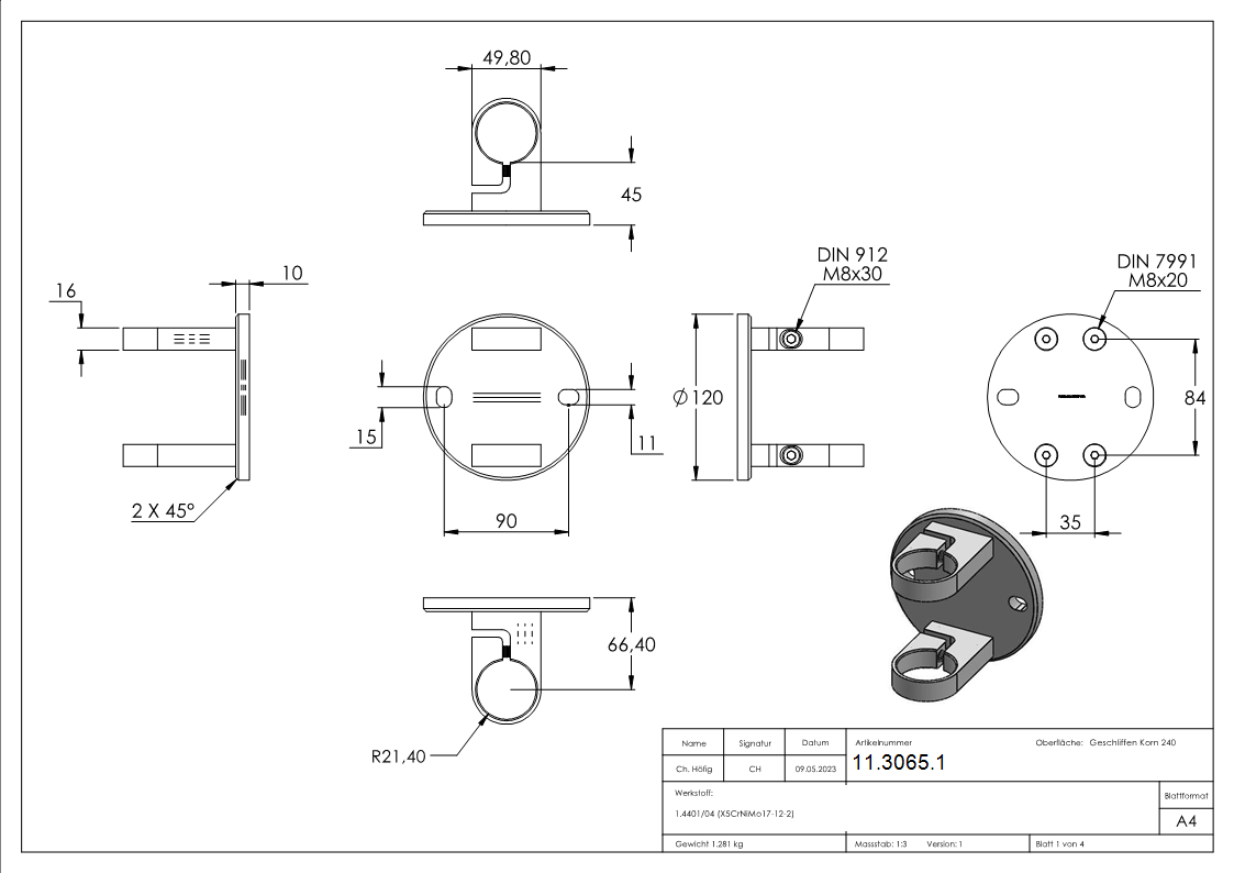 Wandbefestigung 120x10 mm zum Spannen für Rundrohr Ø 42,4 mm V4A