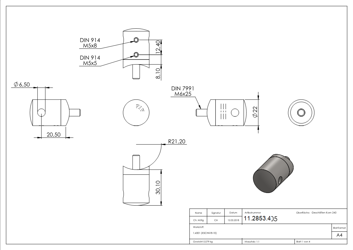 Seilhalter fuer Zwischenpfosten - Fuer Seil Ø 5 mm - Anschluss Ø 42-4 mm - V2A-11-2853.4