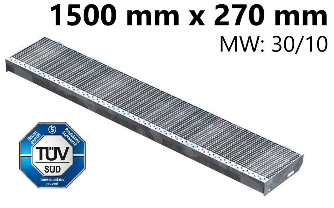 Gitterroststufe Treppenstufe | Maße: 1500x270 mm 30/10 mm | S235JR (St37-2), im Vollbad feuerverzinkt