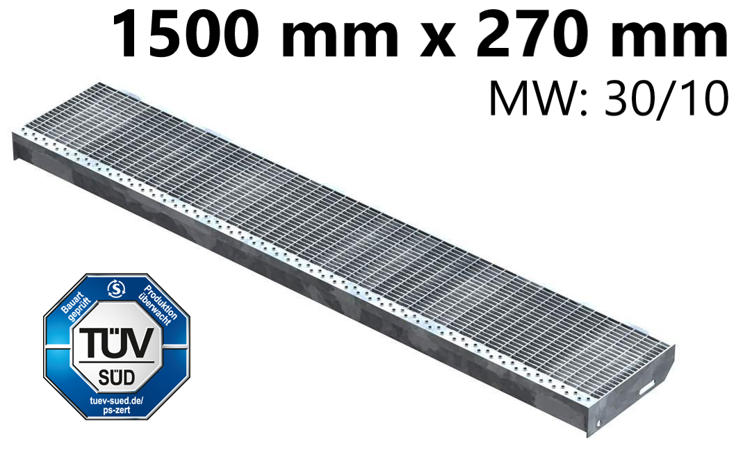 Gitterroststufe Treppenstufe Maße: 1500x270 mm 30/10 mm S235JR (St37-2), im Vollbad feuerverzinkt
