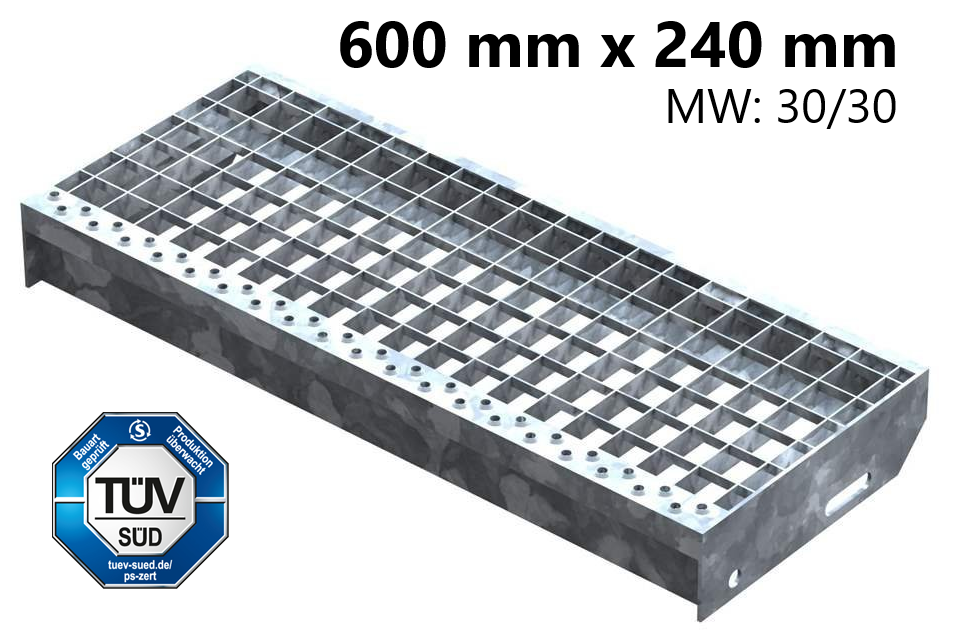 Gitterroststufe Treppenstufe | Maße: 600x240 mm 30/30 mm | S235JR (St37-2), im Vollbad feuerverzinkt