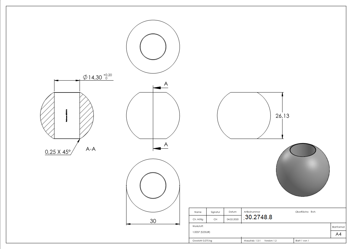 Kugel Ø 30 mm - mit Durchgangsbohrung 14-2 mm - Stahl S235JR- roh-30-2748.8