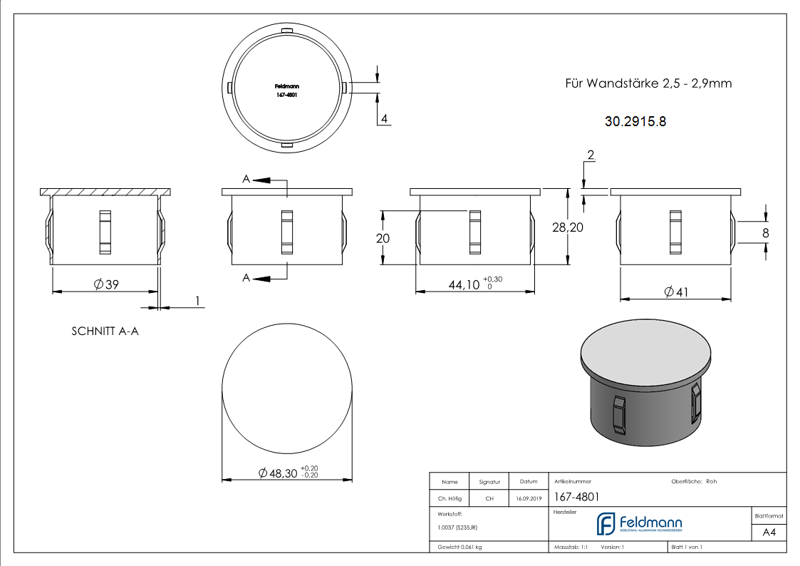 Stahlstopfen flach | für Rundrohr Ø 48,3x2,5-2,9 mm | Stahl S235JR, roh