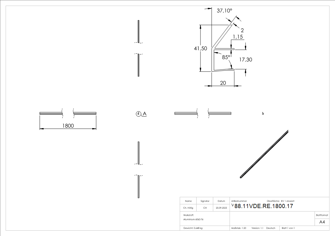 Regenrinne Aluminium eloxiert fuer Glas 17-52 mm- L=1800 mm Edelstahloptik-88-11VDE-RE-1800.17