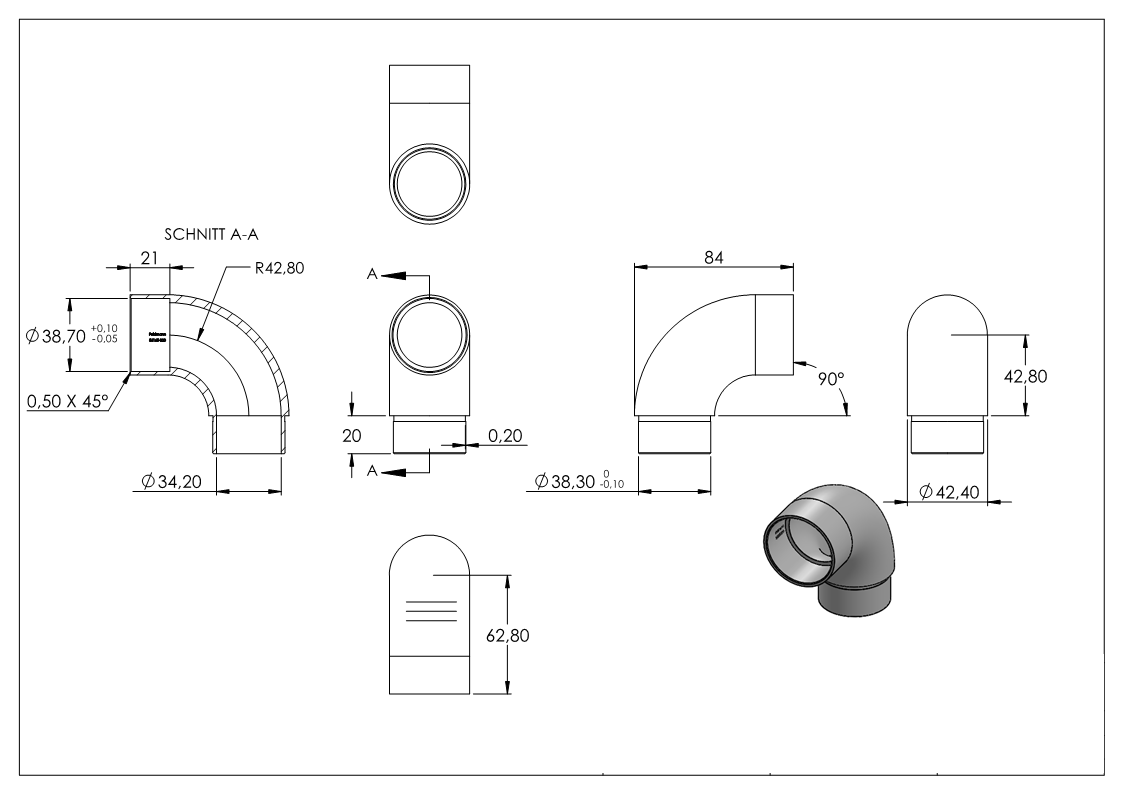 Anschlußbogen 90° V2A für Rundrohr Ø 42,4 x 2,0 mm