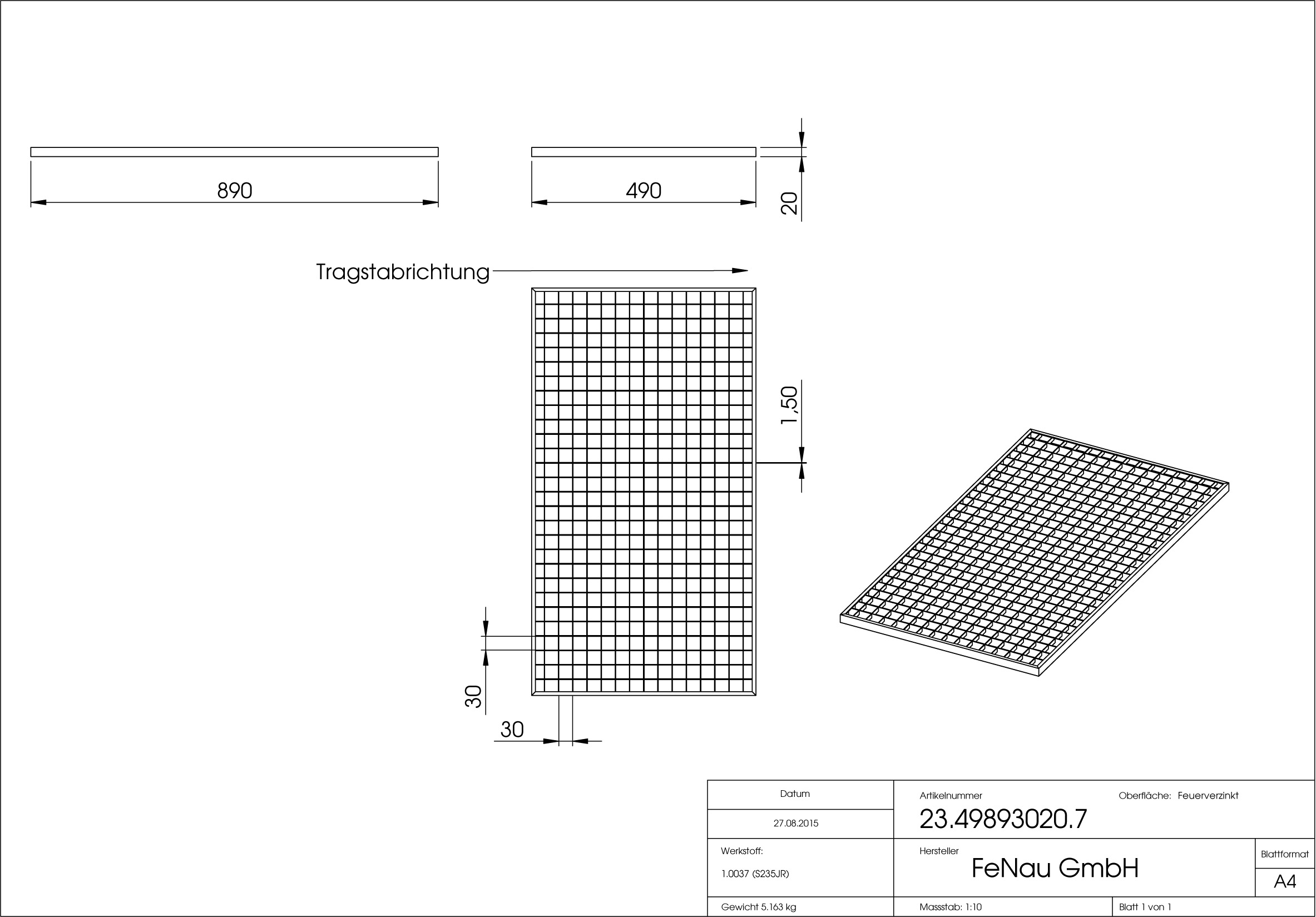 Lichtschachtrost Baunormrost | Maße:  490x890x20 mm 30/30 mm | aus S235JR (St37-2), im Vollbad feuerverzinkt