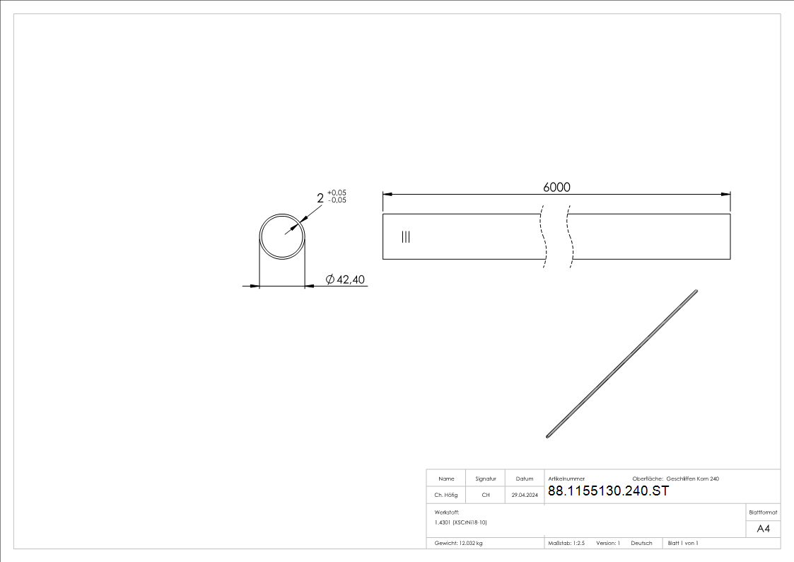 Edelstahlrohr- 42-4 x 2-0mm- L=6m- Korn 240 geschliffen- V2A Edelstahl-88-1155130-240.ST