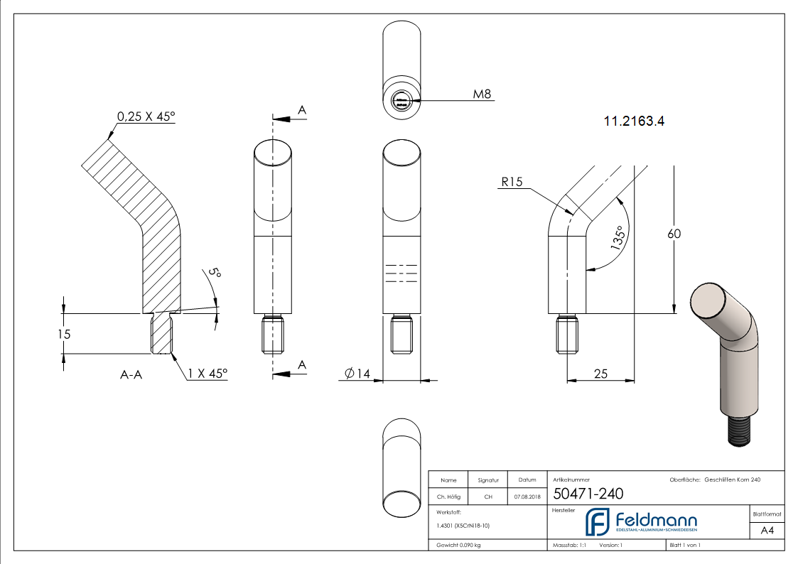 Stift | 135° gebogen | Maße: 60x14 mm | Gewinde: M8x15 mm | zum Anschweißen | V2A