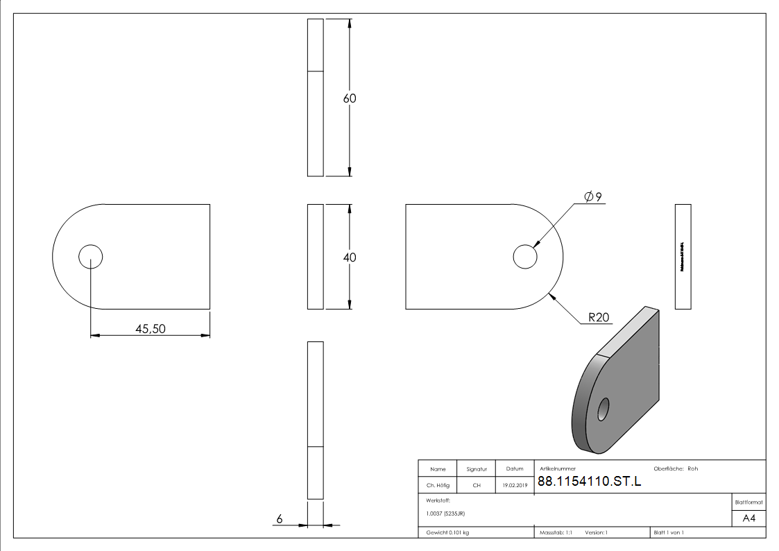 Anschweißlasche 60 x 40 x 6mm mit Rundloch 9mm