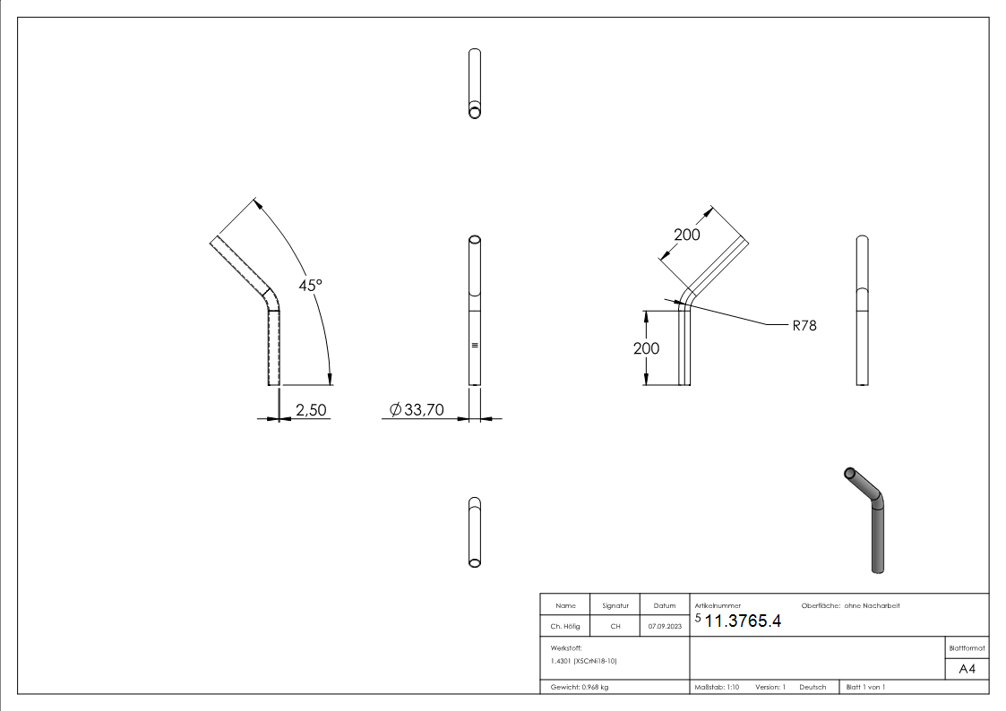 Bogen 45° zum Schweissen aus Rundrohr- Ø 33-7x2-6 mm V2A-11-3765.4