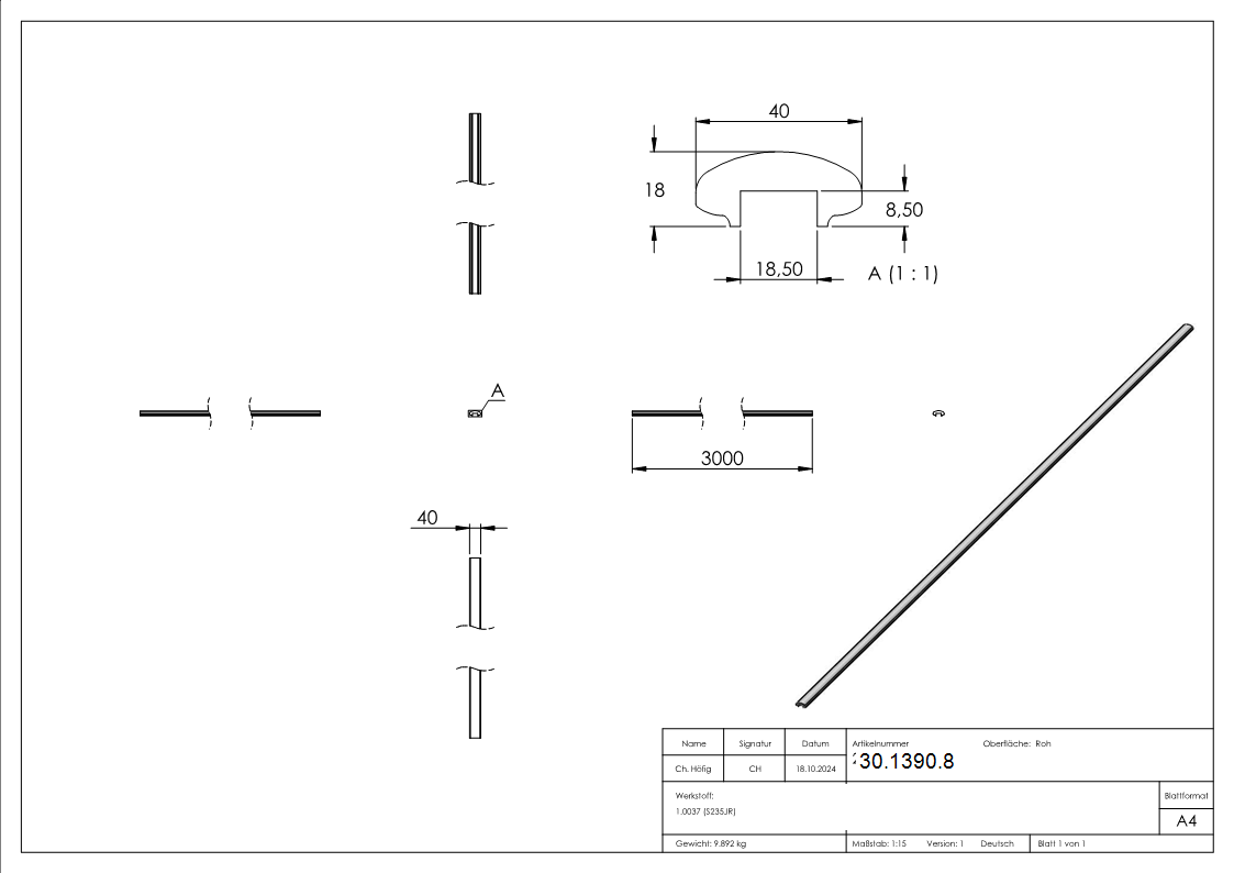 Handlauf | Maße: 40x17 mm | Länge: 3000 mm | mit Nut | Stahl (Roh) S235JR