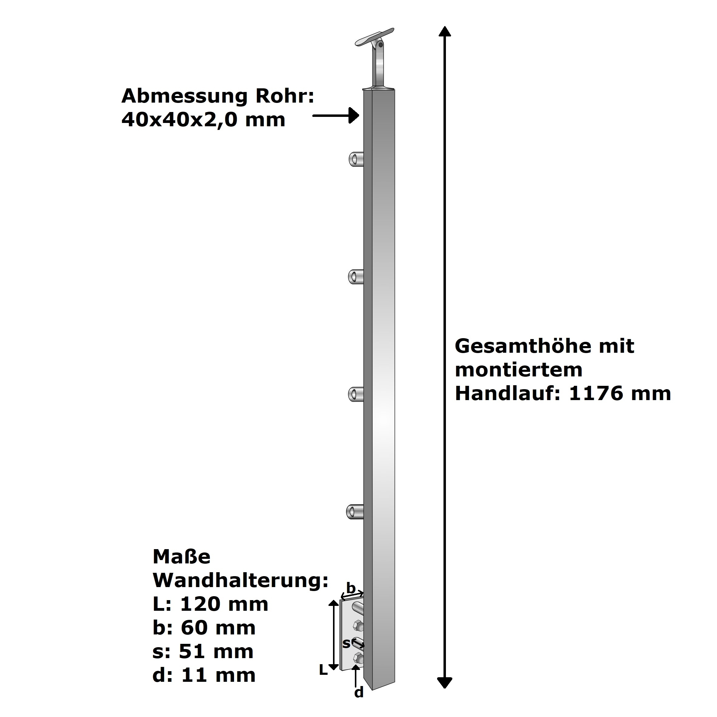 Treppenpfosten V2A 900 mm 40x40 mm Seitenmontage 4x Ø12mm Fuellstabhalter-14-0085ER-A.4