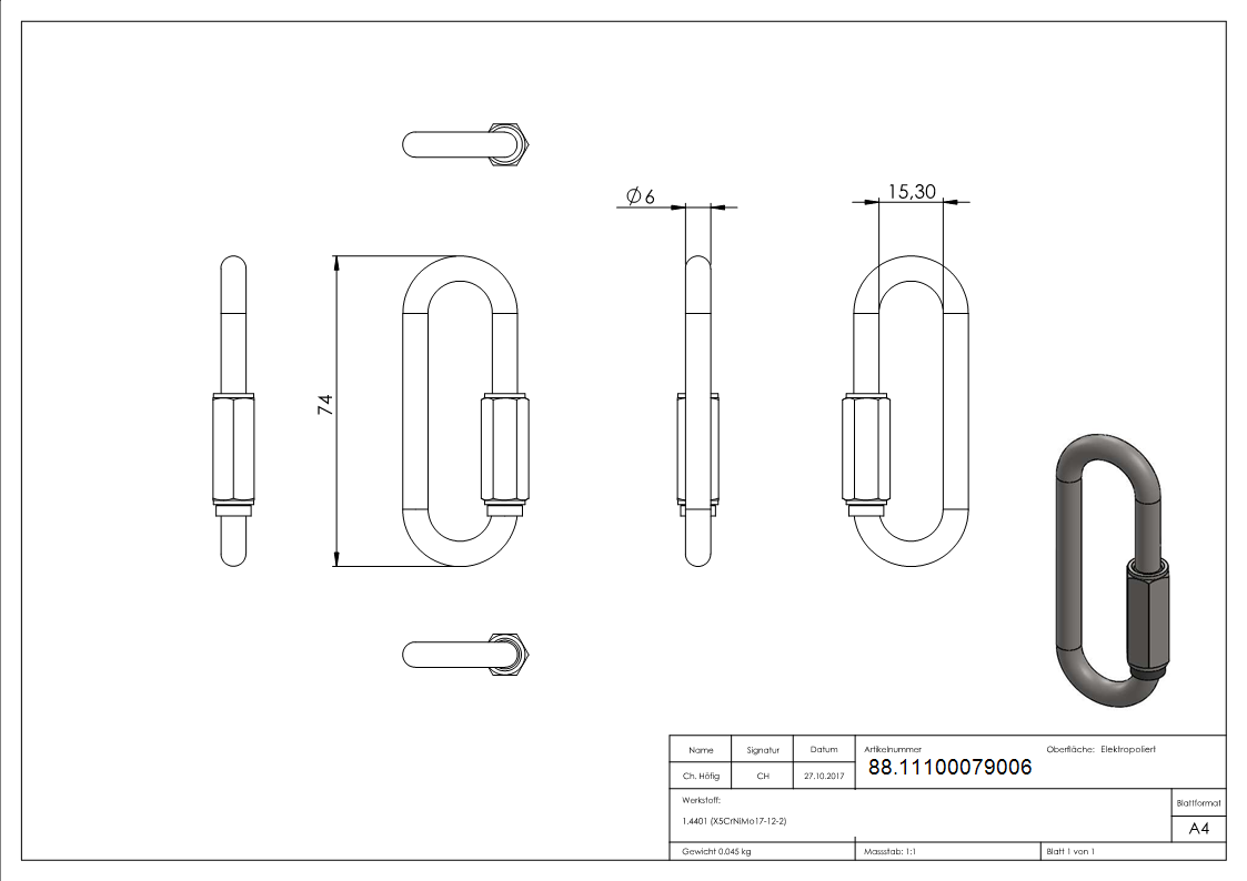 Schraubverbinder lang Edelstahl V4A 6 mm-88.11100079006