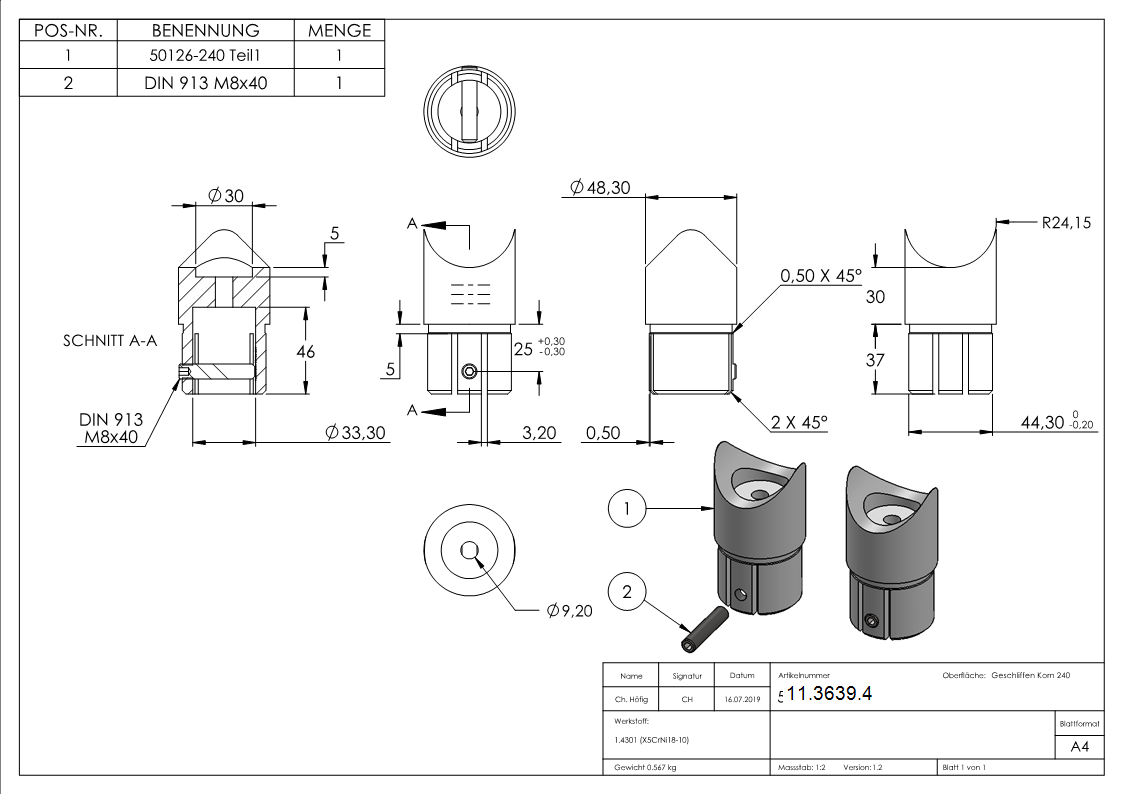 Anschlussstueck 90° fuer Rundrohr Ø 48-3x2-0 mm V2A-11-3639.4