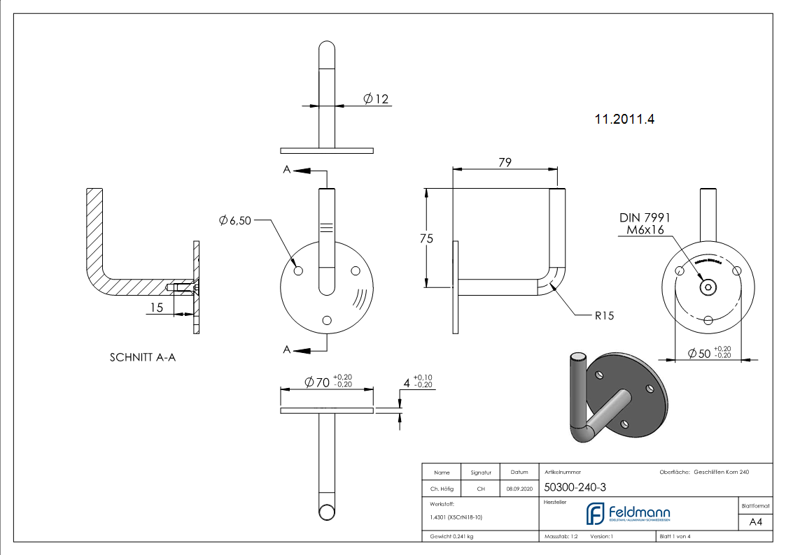 Handlaufhalter mit Ronde 70x4 mm zum Anschweißen V2A
