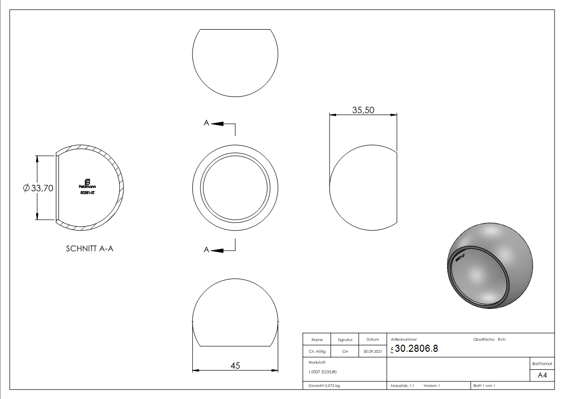 Abschlusskugel Ø 45 mm - fuer Ø 33-7 mm- Stahl S235JR- roh-30-2806.8