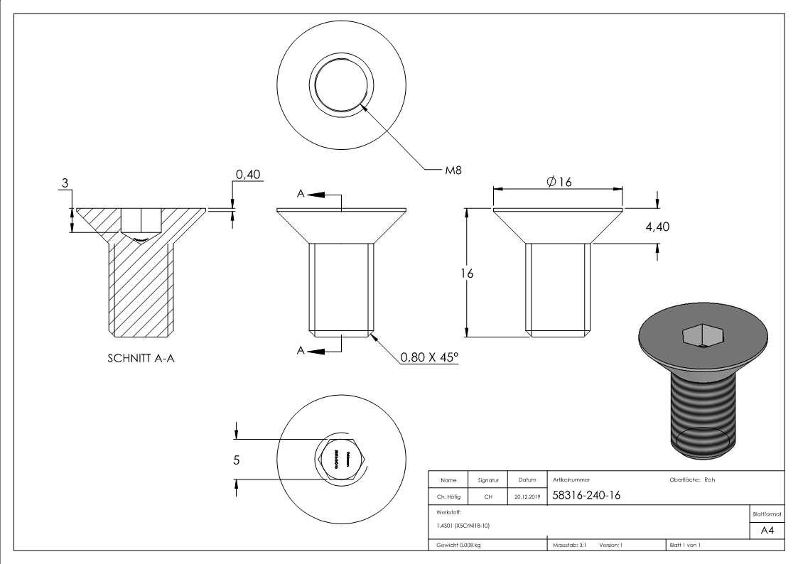 Senkkopfschraube V2A M8 x 16 mm