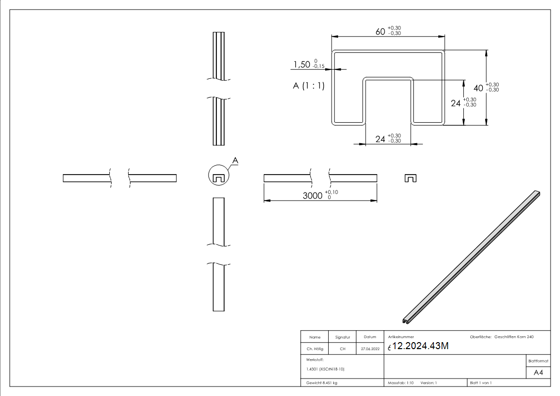 Rechteck-Nutrohr Ø 60 x 40 x 1-5 mm mit Nut 24x24 mm á 3 m-12-2024.43M