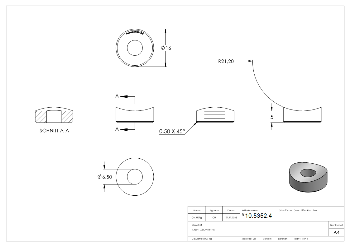 Ausgleichsstück Ø 16 mm  für Rundrohr Ø 42,4 mm V2A