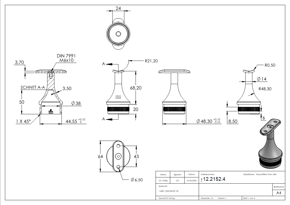Stütze mit Halteplatte für Rundrohr Ø 42,4 mm + Stopfen für 48,3x2,0 mm V2A