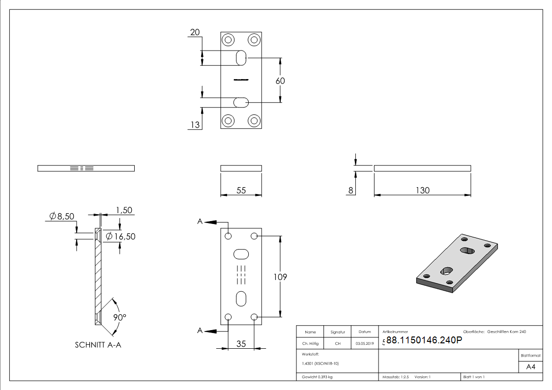 Ankerplatte 130 x 55 x 8mm, passend für Spannringe
