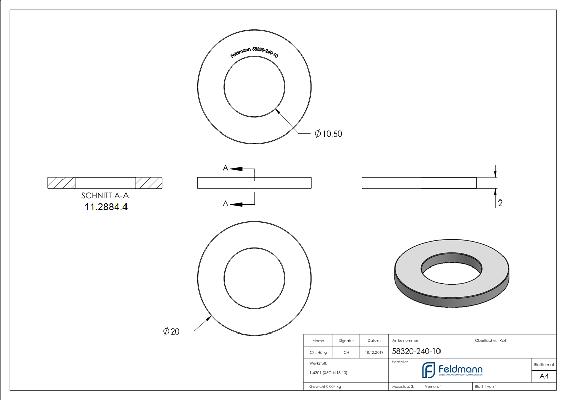 Beilagscheibe - fuer Gewinde M10 - DIN 125-1- A2 - V2A-11-2884.4