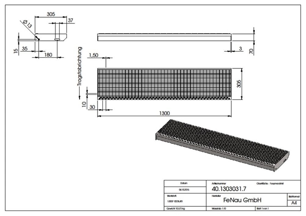 Gitterroststufe Treppenstufe Maße: 1300x305 mm 30/10 mm S235JR (St37-2), im Vollbad feuerverzinkt