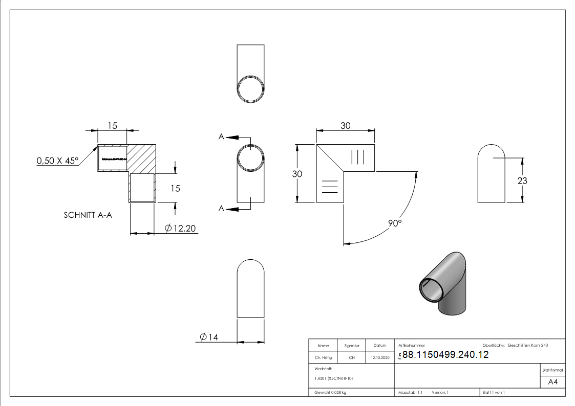 Rundstabverbinder für Ø 12mm, 90°