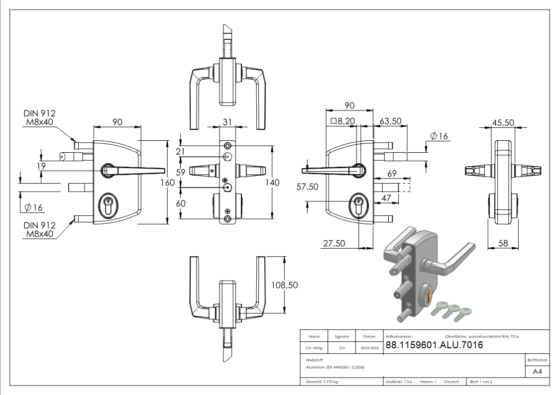 Industrieschloss Aluminium Edelstahl fuer Profilrohre 40-60mm RAL 7016 inkl- Drueckergarnitur Zylinder-88-1159601-ALU.7016