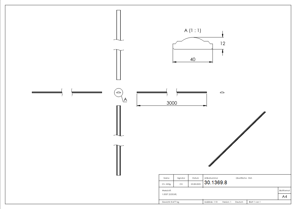 Handlauf - 40x12 mm - Laenge- 3000 mm - Halbrund - Stahl -Roh- S235JR-30-1369.8