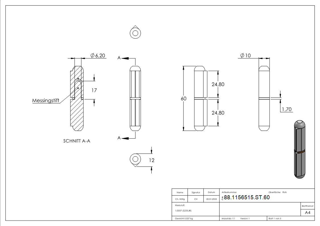 Anschweissband mit Messingring und -stift- Laenge- 60mm-88-1156515-ST.60