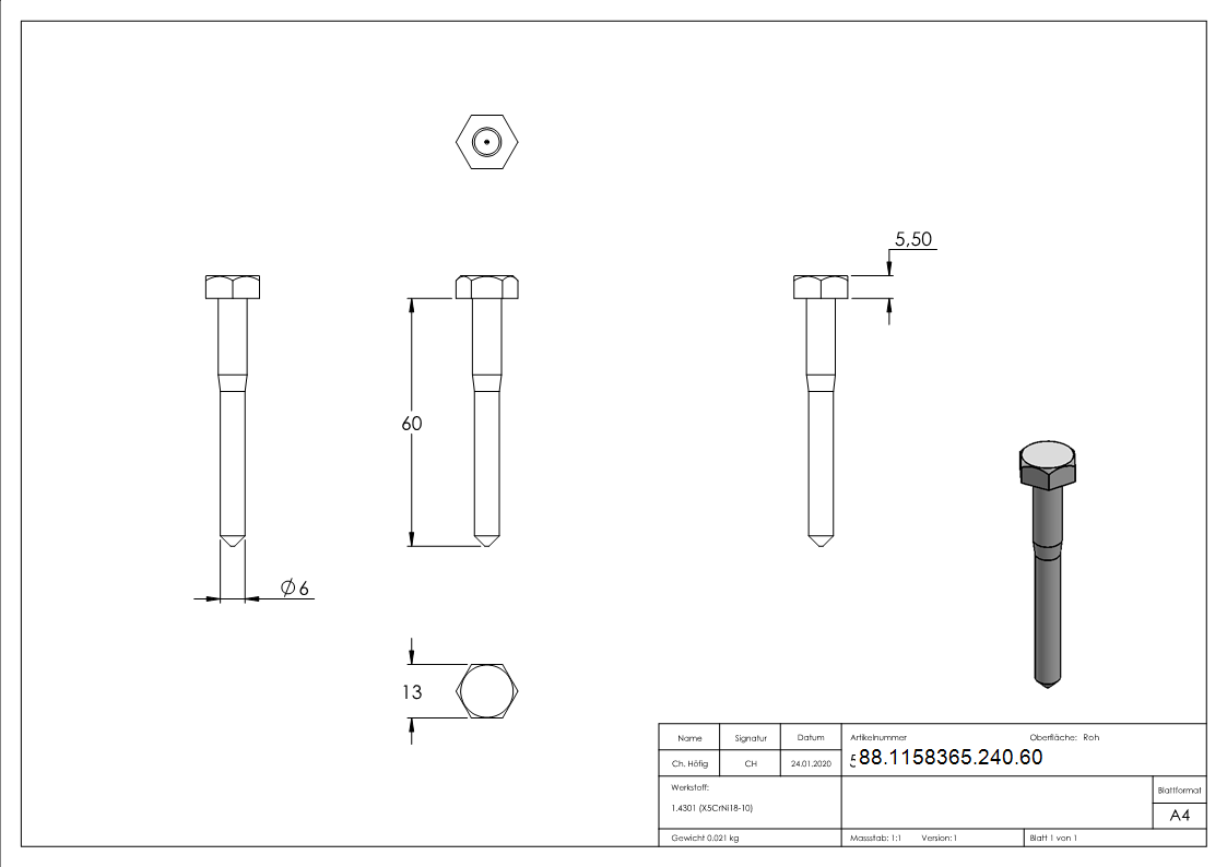 Sechskant-Holzschraube 8 x 60, DIN 571, A2