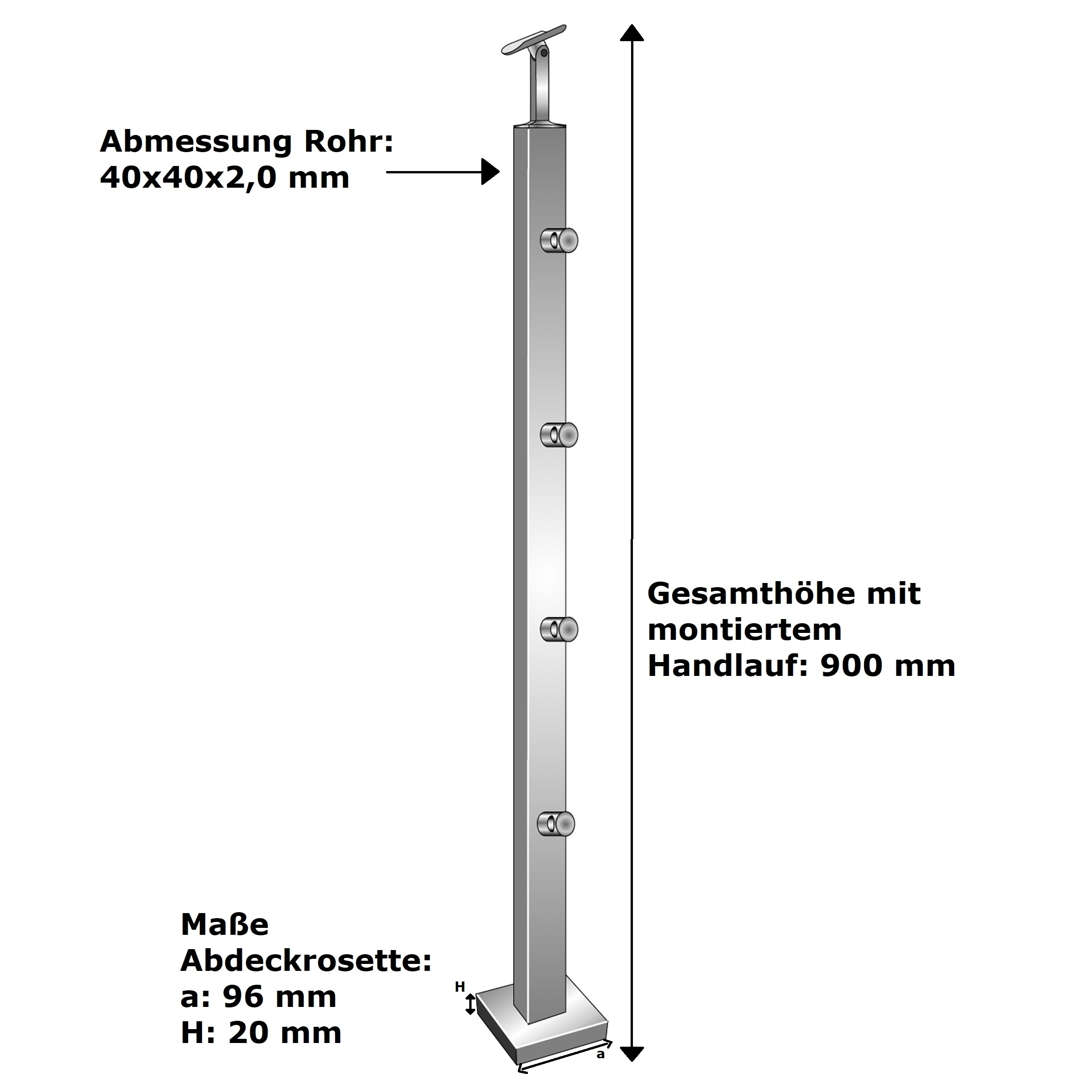 Gelaenderpfosten Edelstahl AISI 304 900 mm 40x40 mm Top-Montage 4 Fuellstaebe d12-14-0083ER-A.4
