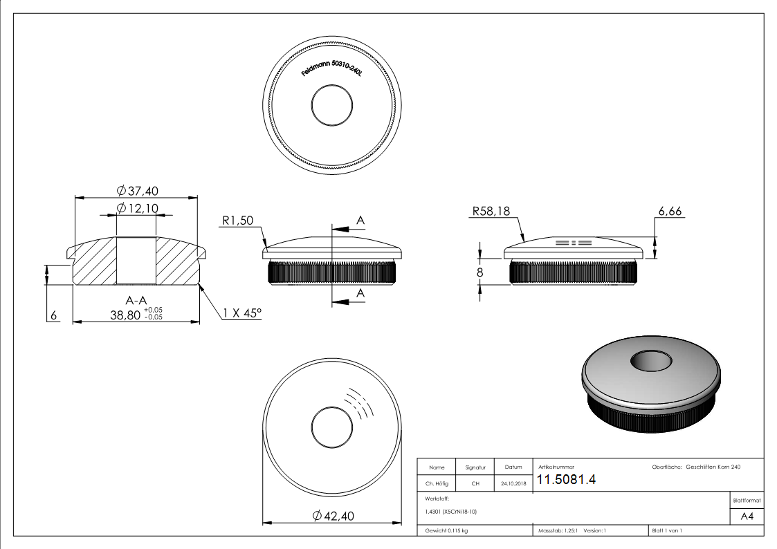Rohrstopfen für Ø 42,4x2,0 mm leicht gewölbt zum Einschlagen mit Bohrung 12,1 mm | V2A