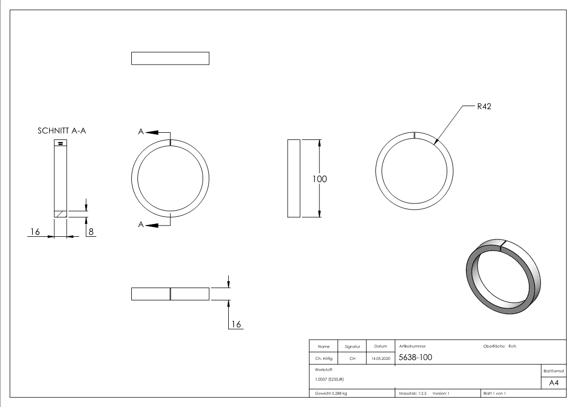 Ring | Material: 16x8 mm | Außen-Ø 100 mm | Stahl S235JR, roh