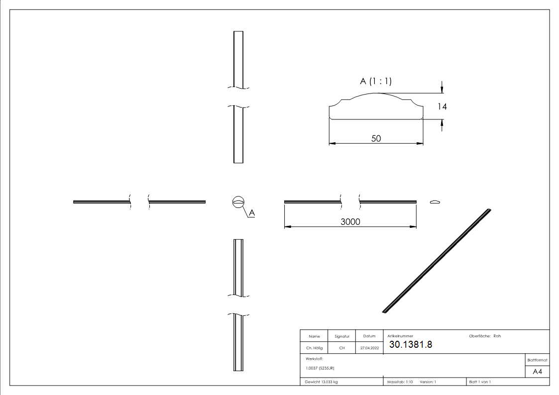 Handlauf | Halbrund | Länge: 3000 mm | Material: 50x14 mm | Stahl (Roh) S235JR