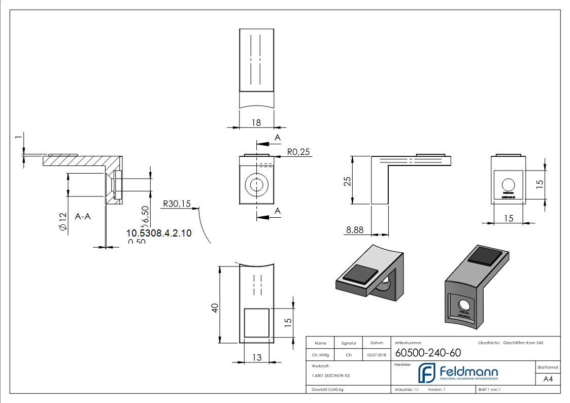Halteboden fuer Glas Anschluss Ø 60-3 mm - Edelstahl V2A-10-5308-4-2.10