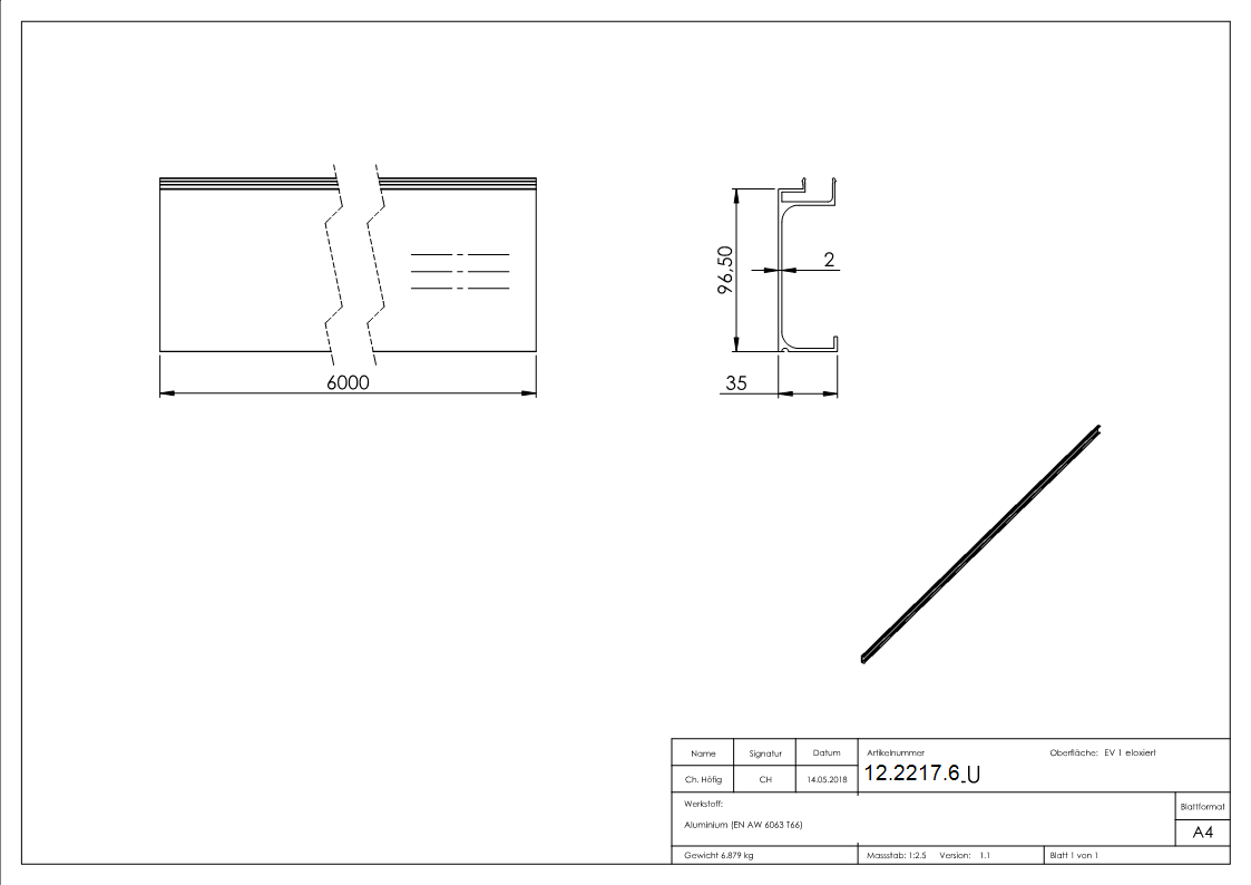 Abdeckung fuer Alu-Profil Ganzglasgelaender seitliche Montage 6000mm KOMPAKT-12-2217.6