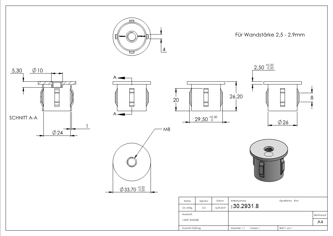 Stahlstopfen flach | mit M8 | für Rundrohr Ø 33,7x2,5-2,9 mm | Stahl S235JR, roh