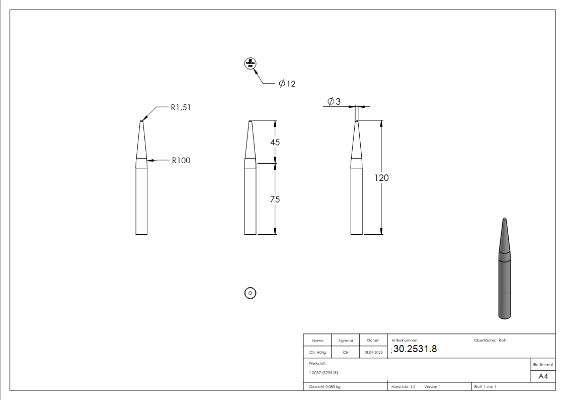 Zaunspitze - Hoehe- 120 mm - Material- Ø 12 mm - Stahl S235JR- roh-30-2531.8