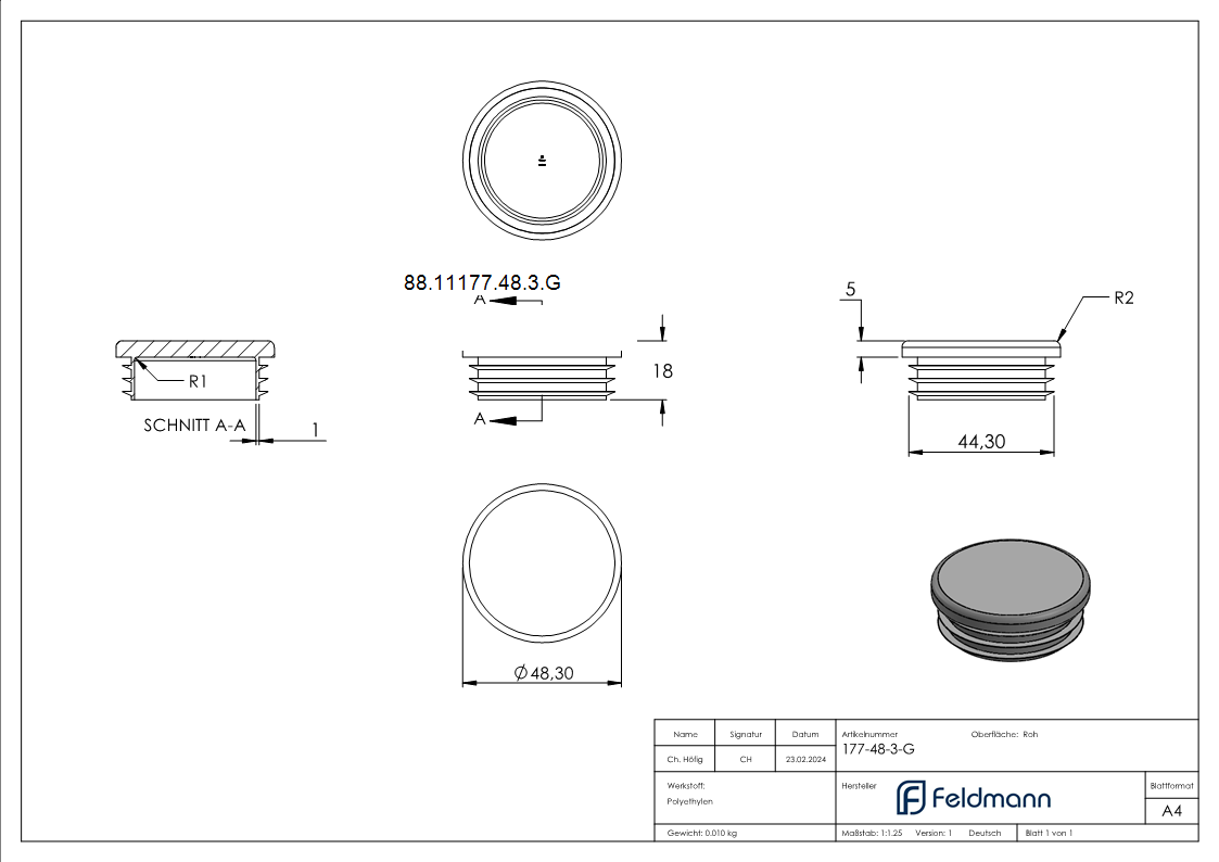 Kunststoffkappe fuer Rundrohr 48-3mm-88-11177-48-3.G