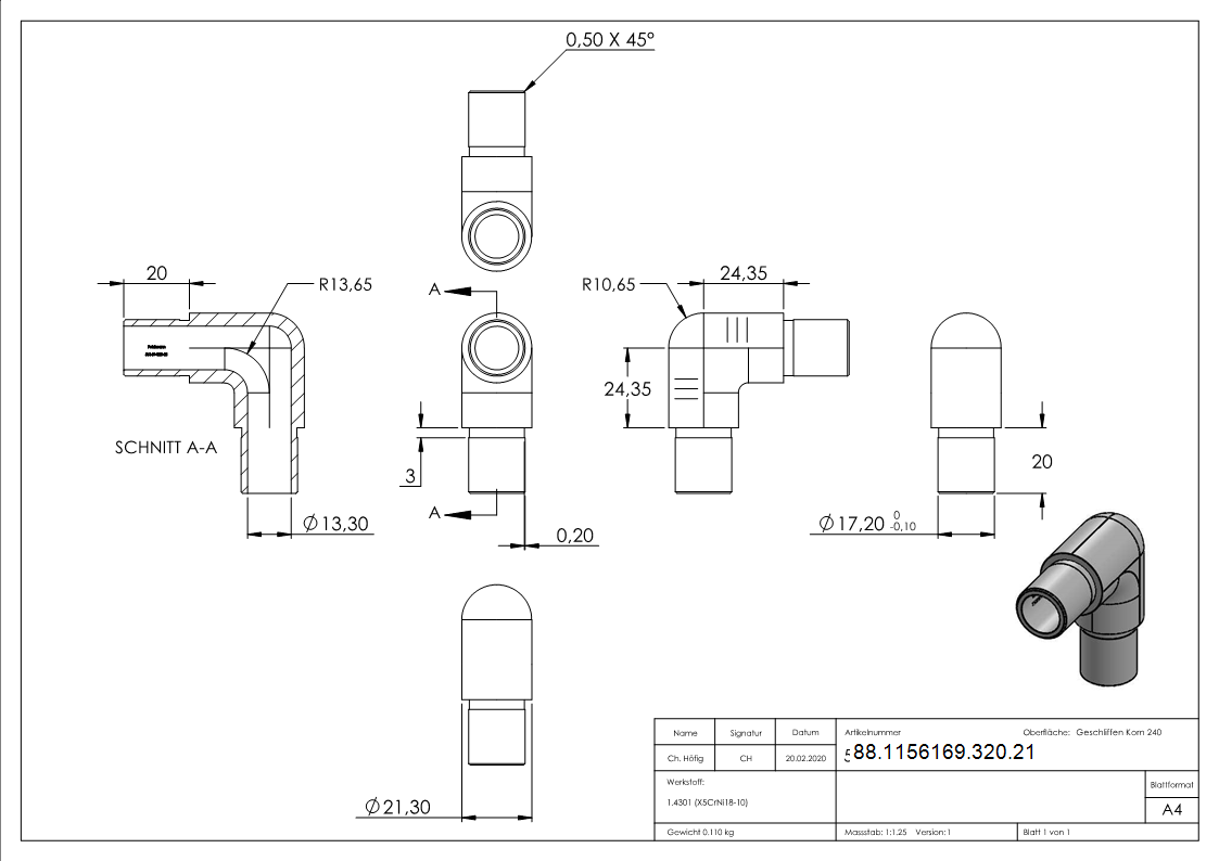 Rohrbogen 90° eng, für Rohr 21,3 x 2,0mm, V2A