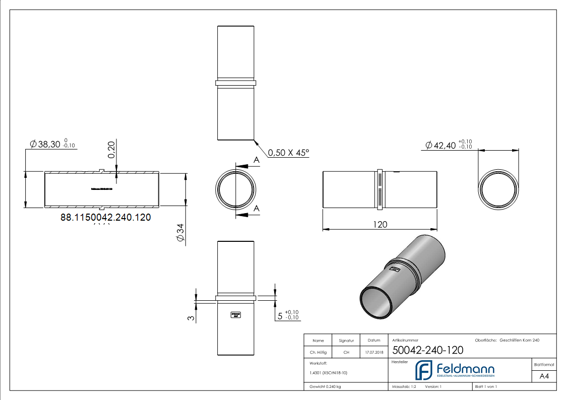 Steckverbinder V2A fuer Rohr Ø 42-4x2-0 mm L 120 mm zum Kleben-88-1150042-240.120