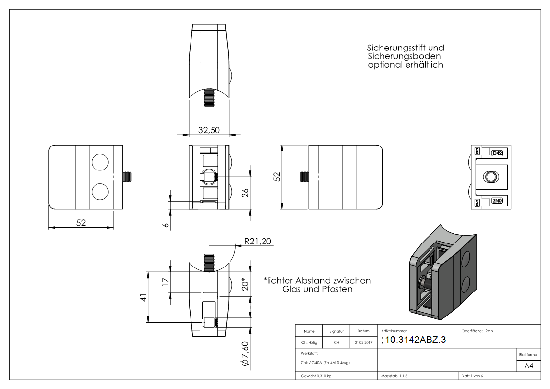 Glasklemme 52x52x32-5 mm AbZ fuer Anschluss Ø 42-4 mm Zink-10-3142ABZ.3