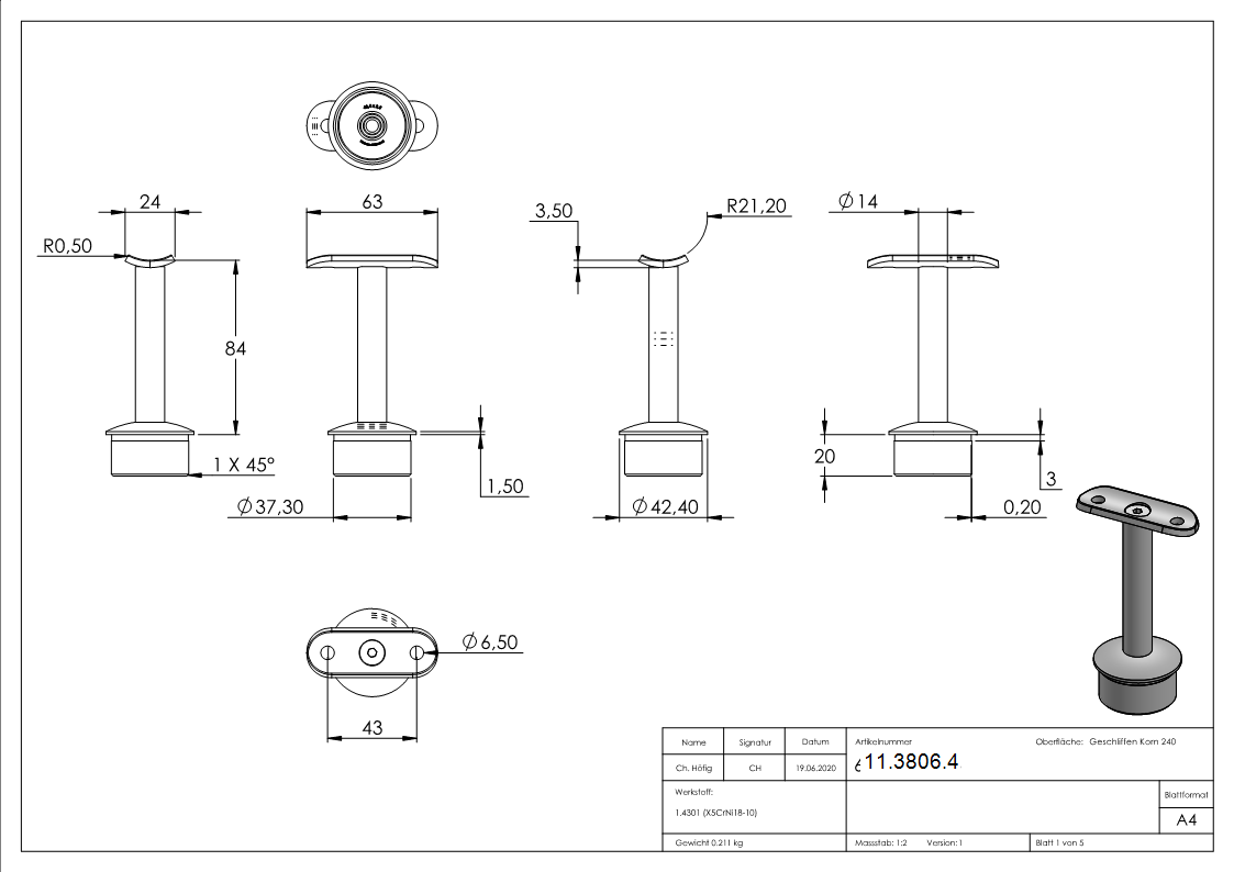 Handlaufstuetze mit Halteplatte fuer Ø 42-4 mm  V2A-11-3806.4