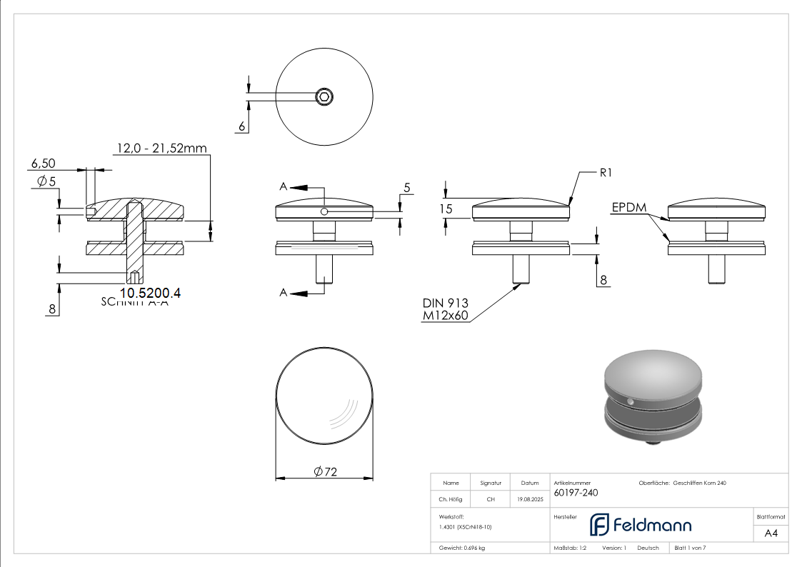 Glaspunkthalter Ø 72 mm- V2A- Anschluss- Flach mit AbP-10-5200.4